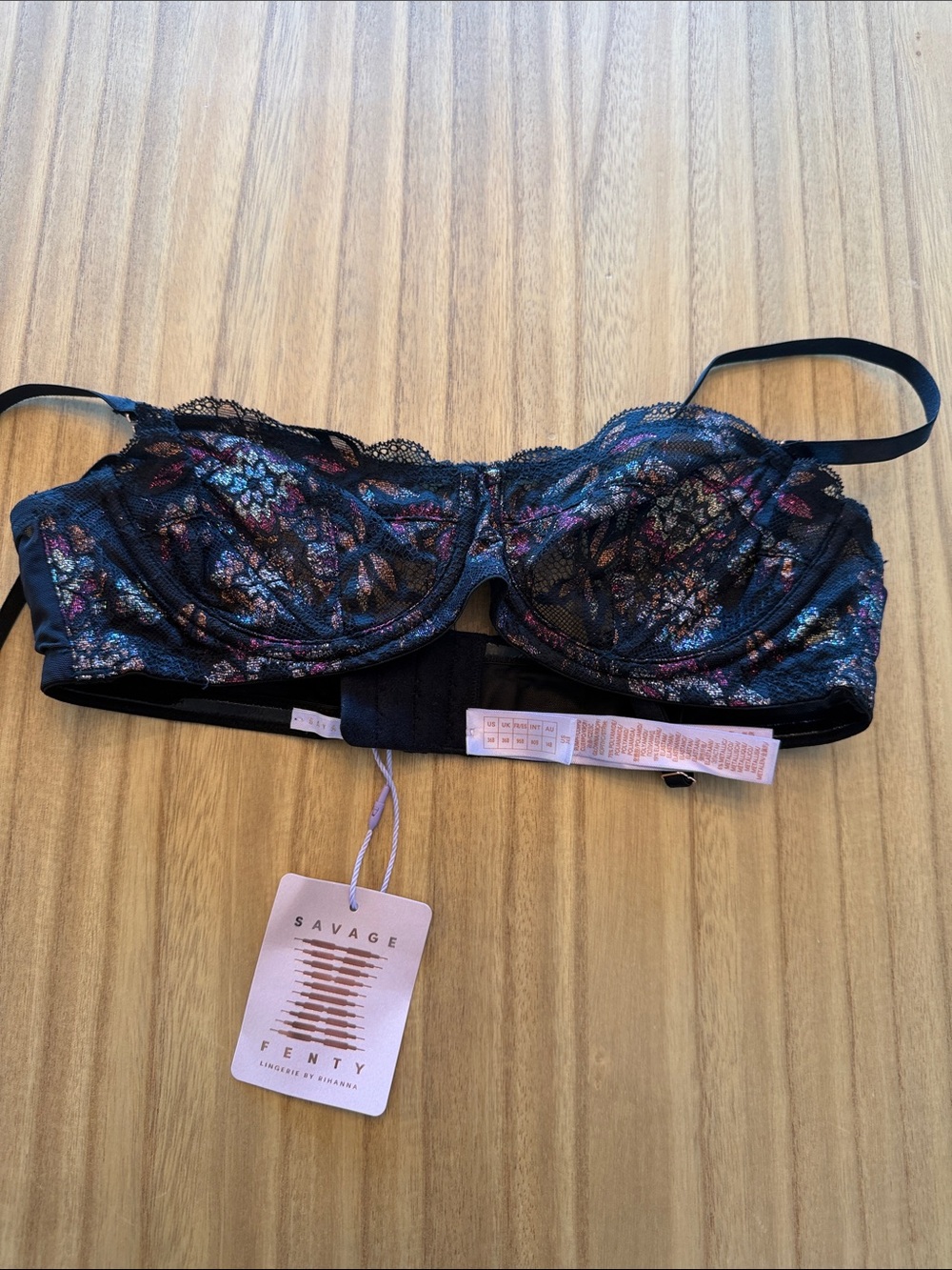 NWT Savage X Fenty Black Lace Underwire Bra with Multicolor Floral Embroidery